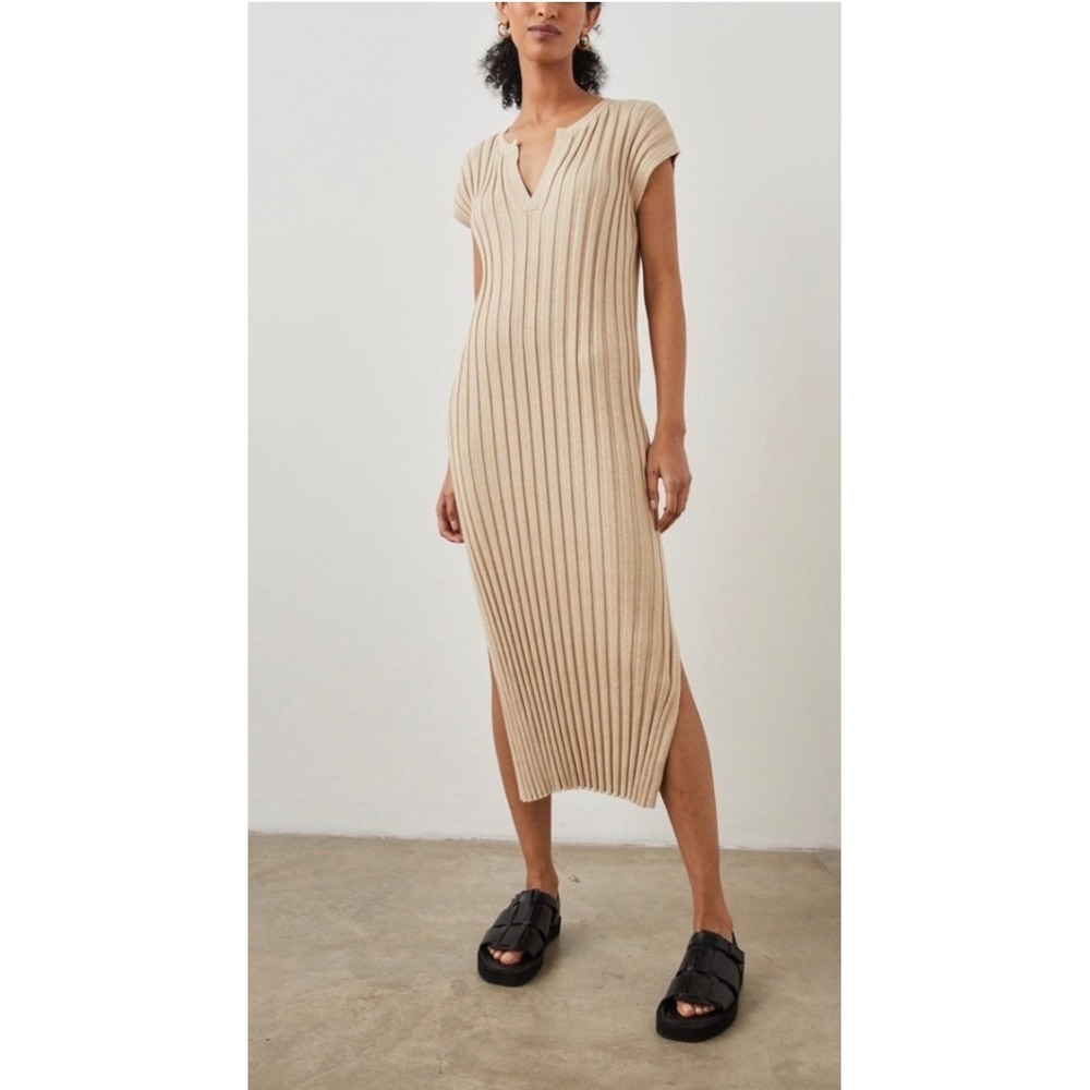 NWT Rails Ashley Cream Ribbed Knit Midi Dress L Sleeveless Split Neck Minimalist